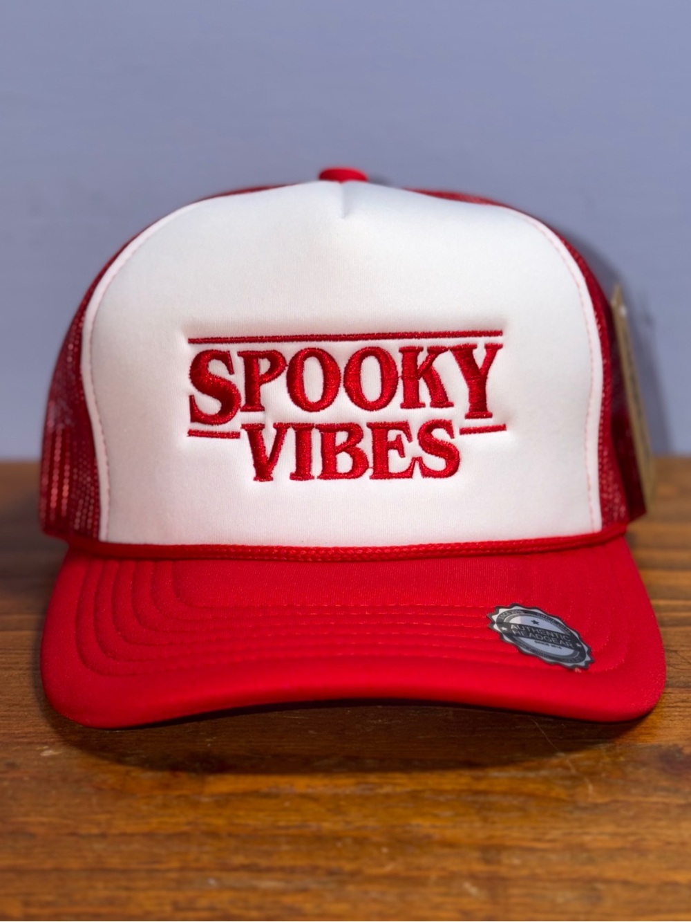 Spooky Vibes Red and White Rope Trucker Hat - Halloween Party Adjustable Cap